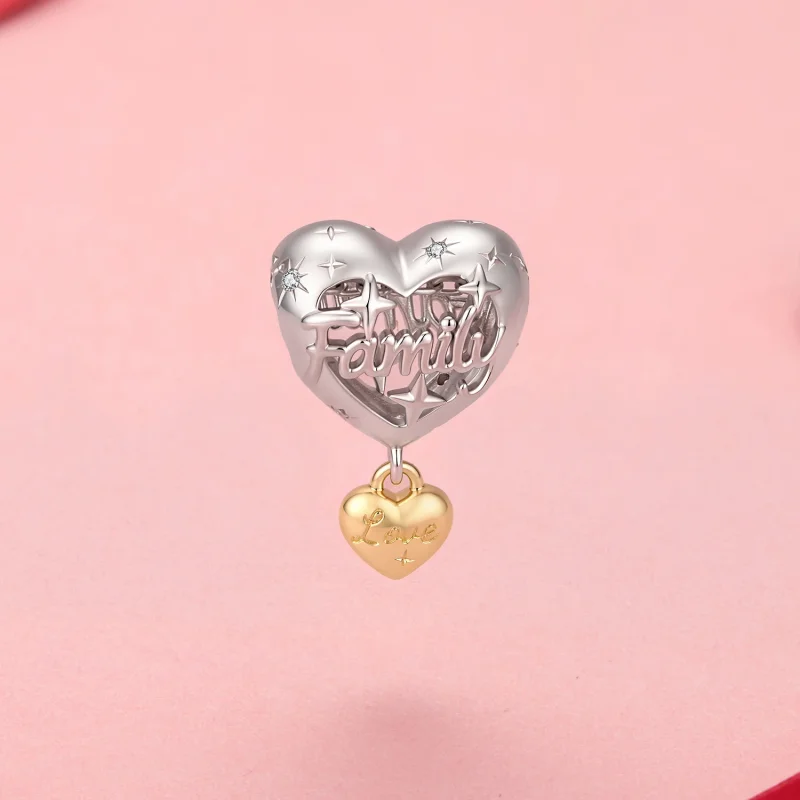 (image for) PANDORA Style Two Tone Family Heart Dangle Charm With Love Pendant - YIC304 - View 2