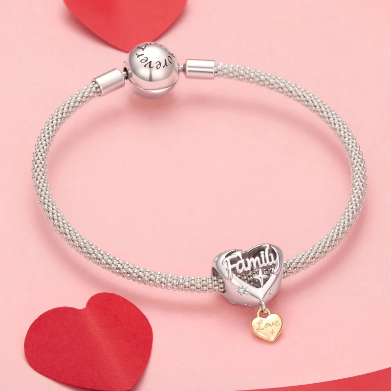 (image for) PANDORA Style Two Tone Family Heart Dangle Charm With Love Pendant - YIC304 - View 3