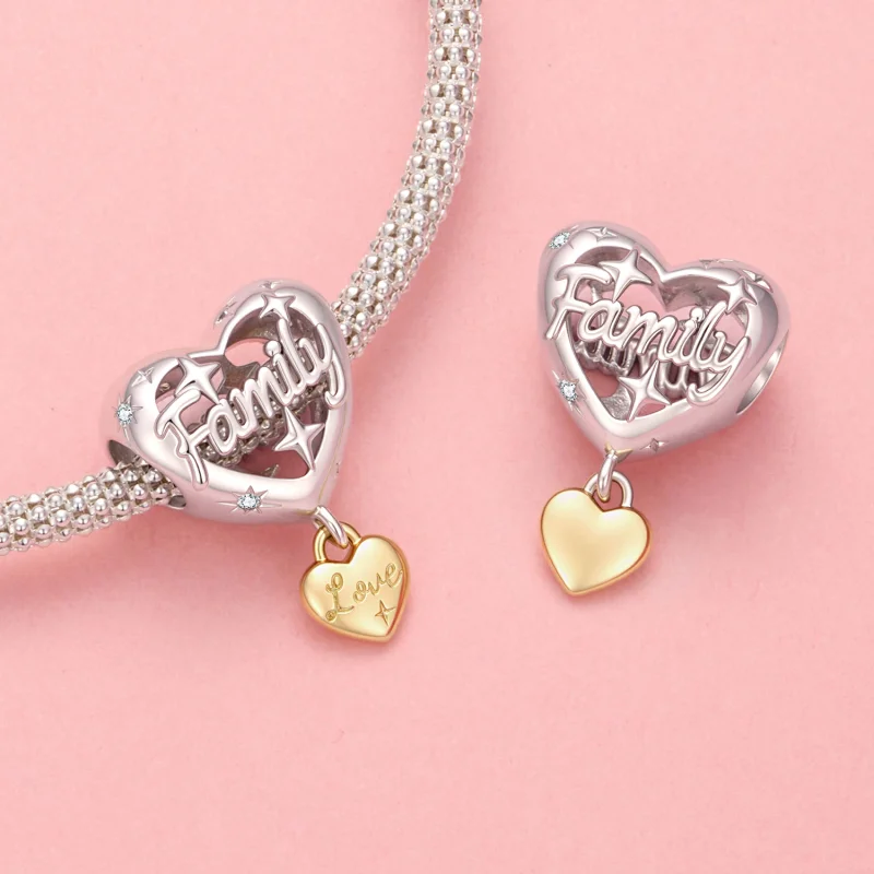 (image for) PANDORA Style Two Tone Family Heart Dangle Charm With Love Pendant - YIC304 - View 4