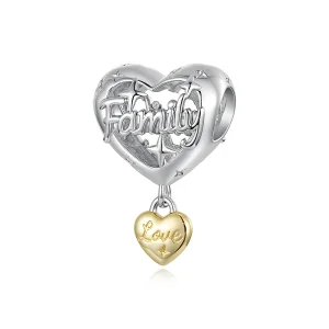 PANDORA Style Two Tone Family Heart Dangle Charm With Love Pendant - YIC304 (image for) PANDORA Style Two Tone Family Heart Dangle Charm With Love Pendant - YIC304