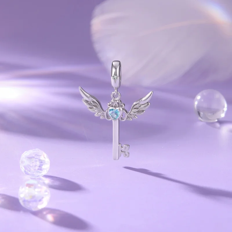(image for) PANDORA Style Winged Key Dangle Charm With Blue Heart Stone - SCC3343 - View 2