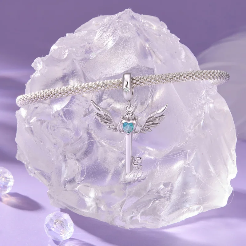 (image for) PANDORA Style Winged Key Dangle Charm With Blue Heart Stone - SCC3343 - View 3