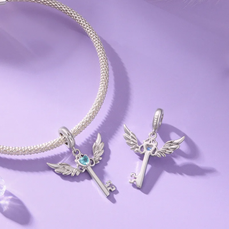 (image for) PANDORA Style Winged Key Dangle Charm With Blue Heart Stone - SCC3343 - View 4