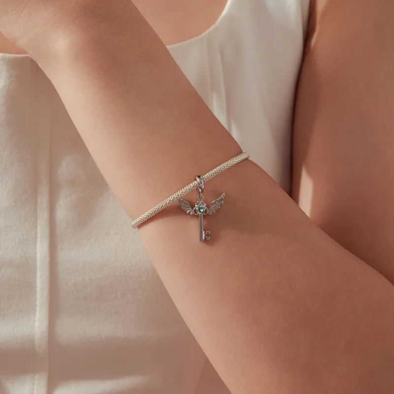 (image for) PANDORA Style Winged Key Dangle Charm With Blue Heart Stone - SCC3343 - View 6