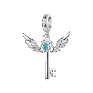 (image for) PANDORA Style Winged Key Dangle Charm With Blue Heart Stone - SCC3343