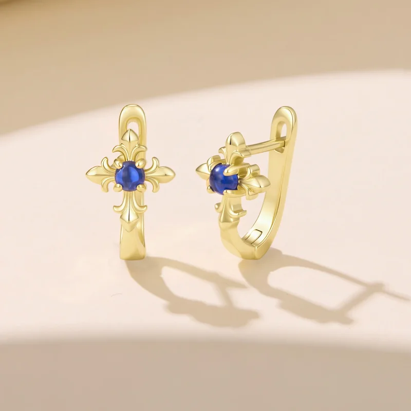 (image for) PANDORA Style Gold Fleur De Lis Blue Stone Hoop Earrings - YIE434 - View 2