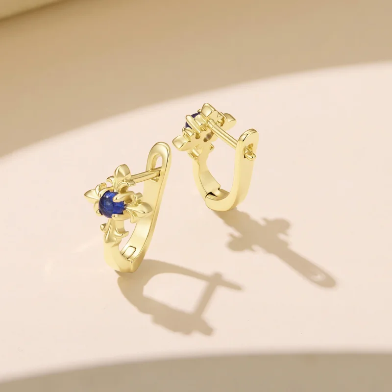 (image for) PANDORA Style Gold Fleur De Lis Blue Stone Hoop Earrings - YIE434 - View 3