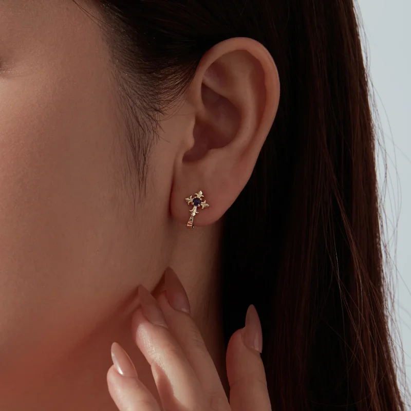(image for) PANDORA Style Gold Fleur De Lis Blue Stone Hoop Earrings - YIE434 - View 5
