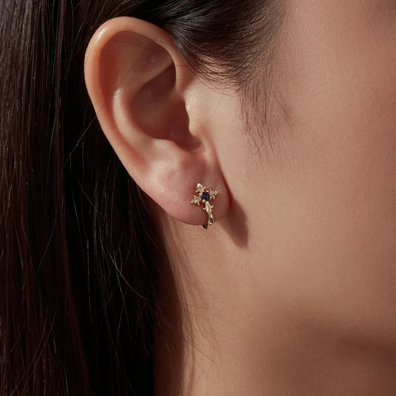 (image for) PANDORA Style Gold Fleur De Lis Blue Stone Hoop Earrings - YIE434 - View 6