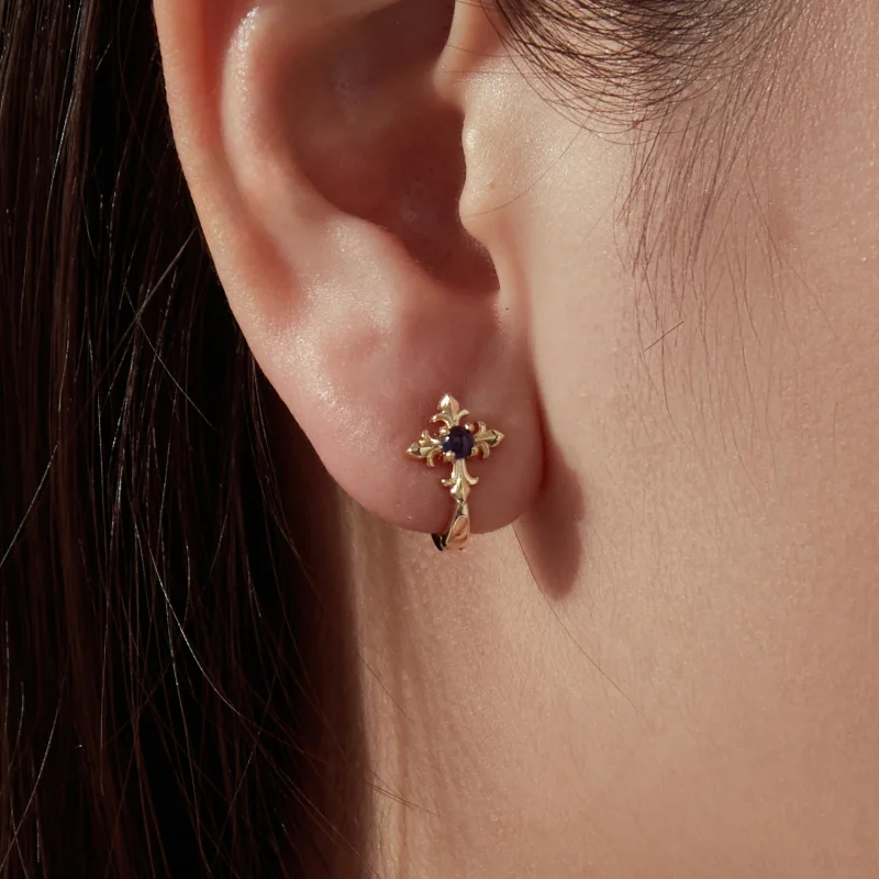 (image for) PANDORA Style Gold Fleur De Lis Blue Stone Hoop Earrings - YIE434 - View 7