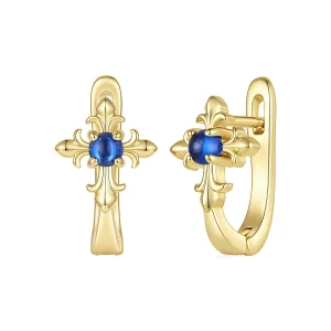 (image for) PANDORA Style Gold Fleur De Lis Blue Stone Hoop Earrings - YIE434