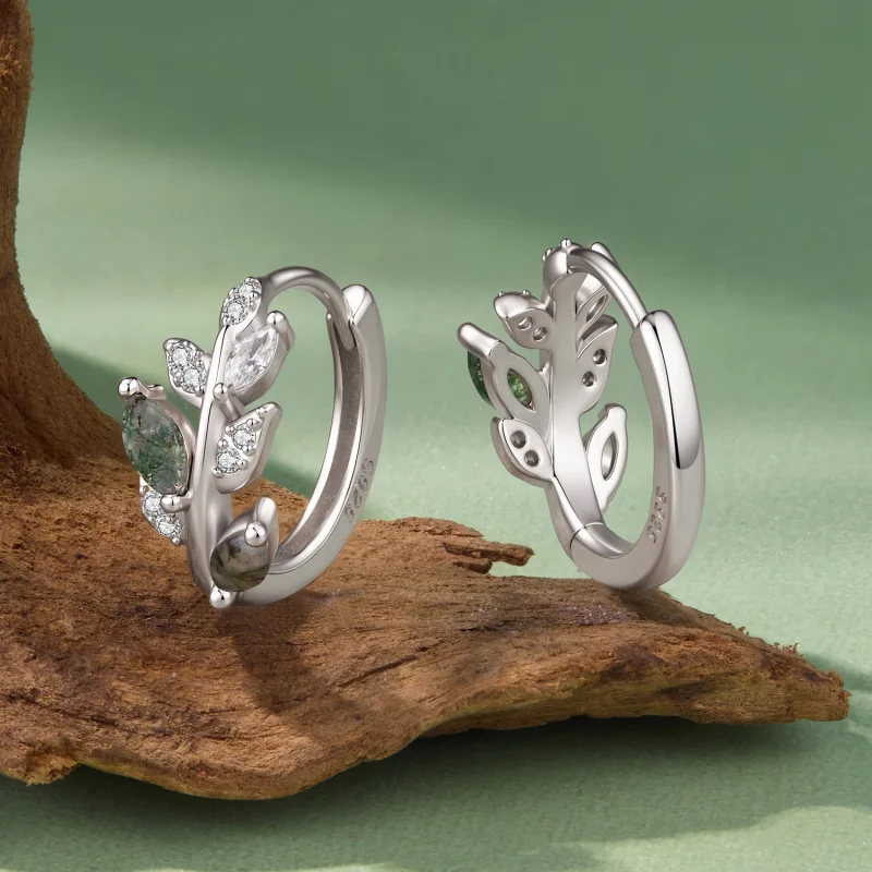 (image for) PANDORA Style Green Moss Agate Leaf Hoop Earrings - BSE1314 - View 2