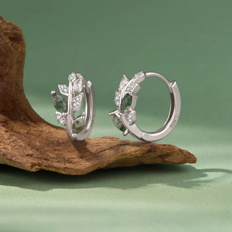 (image for) PANDORA Style Green Moss Agate Leaf Hoop Earrings - BSE1314 - View 3