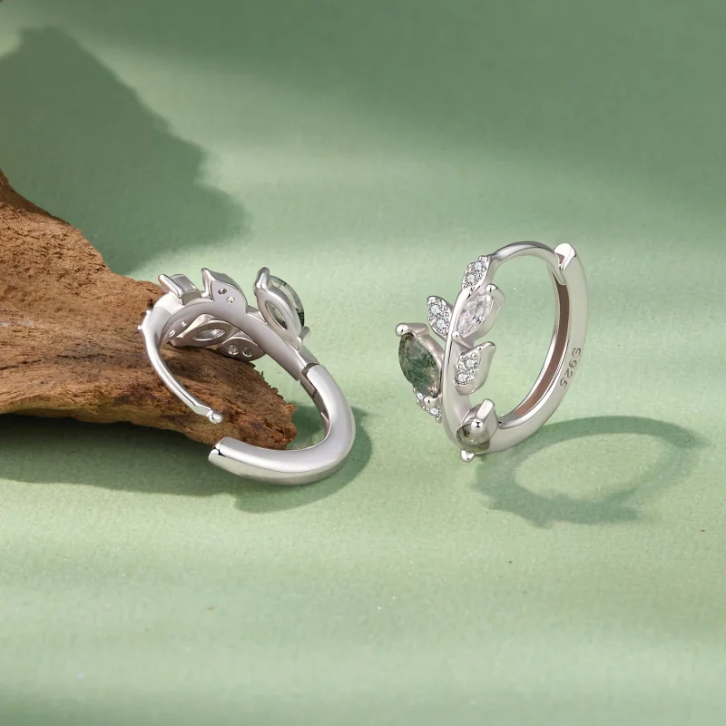 (image for) PANDORA Style Green Moss Agate Leaf Hoop Earrings - BSE1314 - View 4