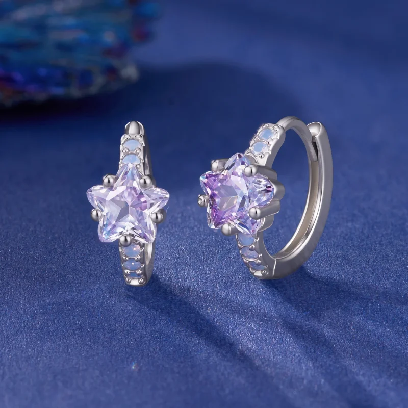 (image for) PANDORA Style Purple Star Opal Accent Huggie Hoop Earrings - SCE2060 - View 2