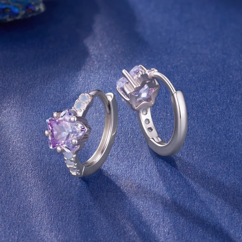 (image for) PANDORA Style Purple Star Opal Accent Huggie Hoop Earrings - SCE2060 - View 3
