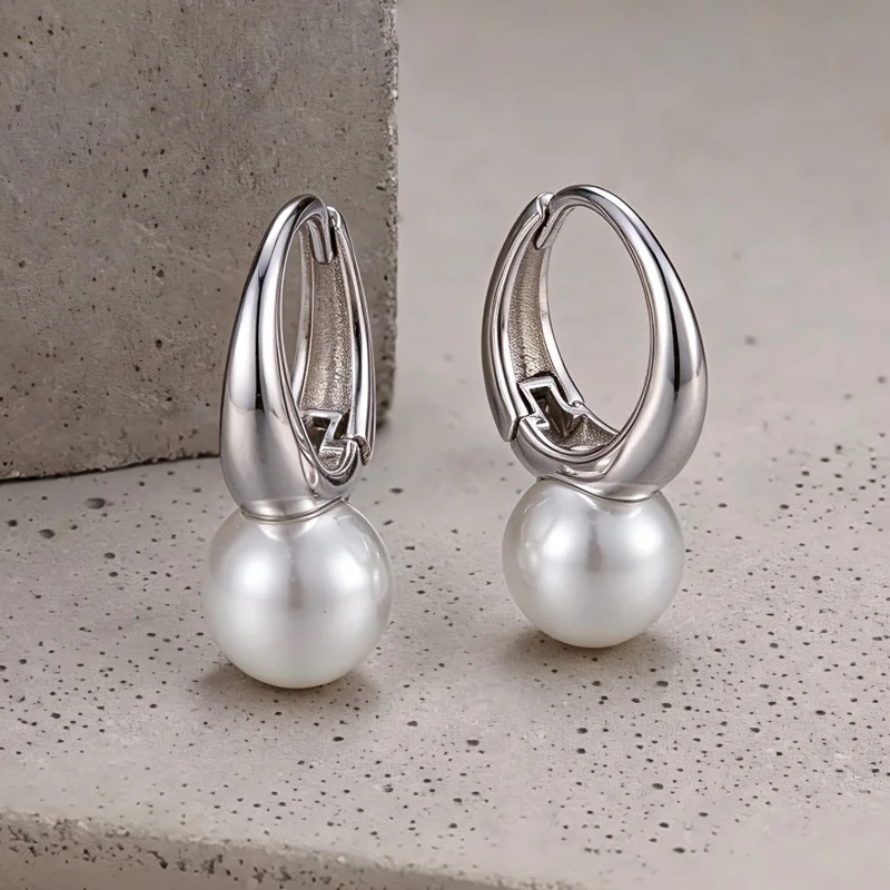 (image for) PANDORA Style White Pearl Rhodium Plated Hoop Earrings - BSE1317 - View 2