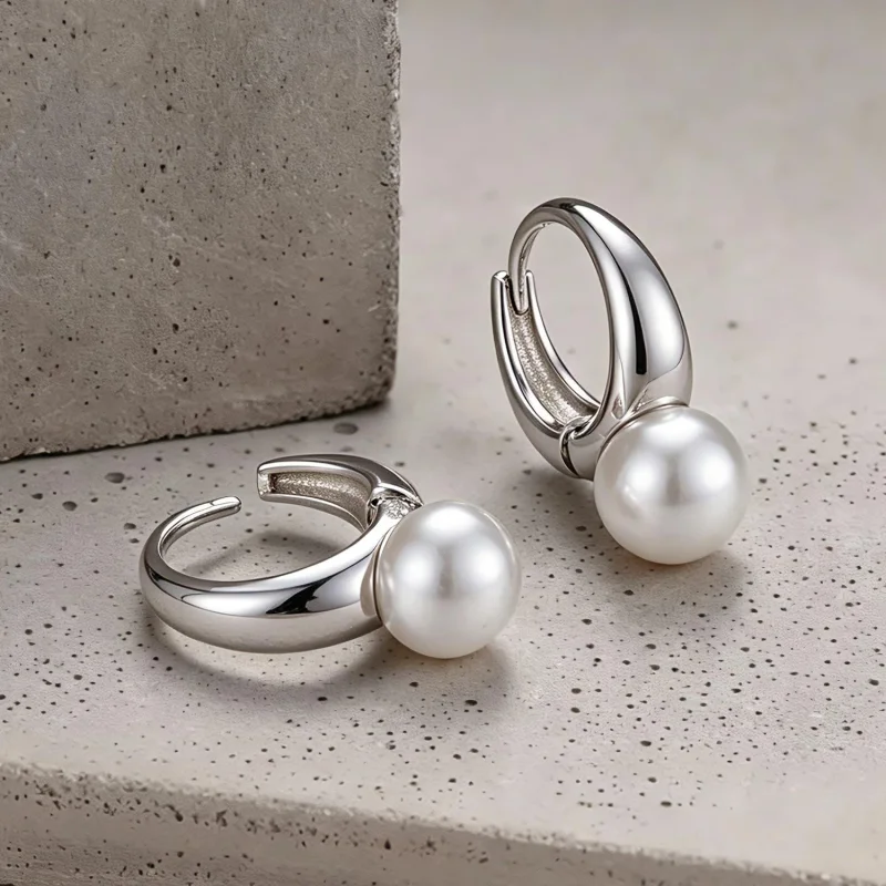 (image for) PANDORA Style White Pearl Rhodium Plated Hoop Earrings - BSE1317 - View 3