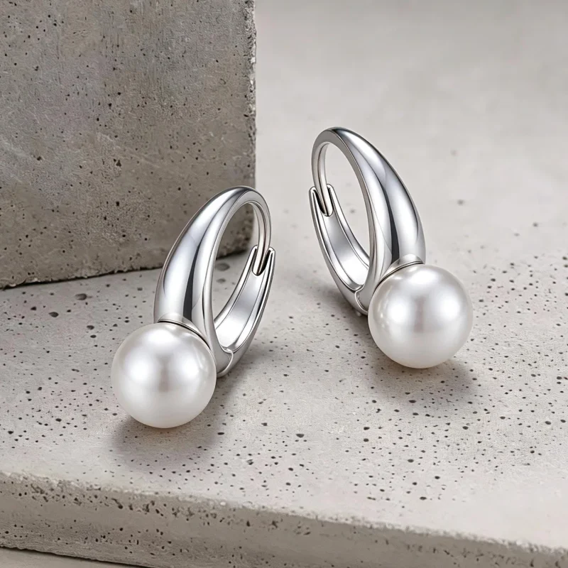 (image for) PANDORA Style White Pearl Rhodium Plated Hoop Earrings - BSE1317 - View 4