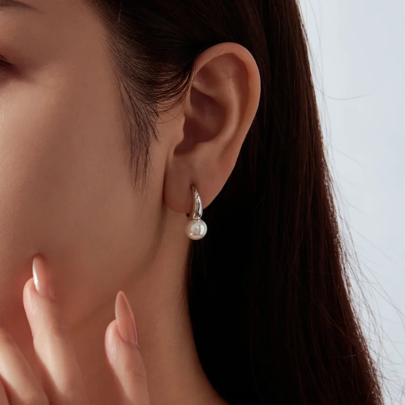 (image for) PANDORA Style White Pearl Rhodium Plated Hoop Earrings - BSE1317 - View 5