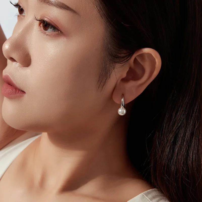 (image for) PANDORA Style White Pearl Rhodium Plated Hoop Earrings - BSE1317 - View 6