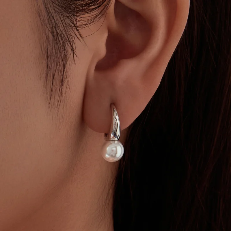 (image for) PANDORA Style White Pearl Rhodium Plated Hoop Earrings - BSE1317 - View 8