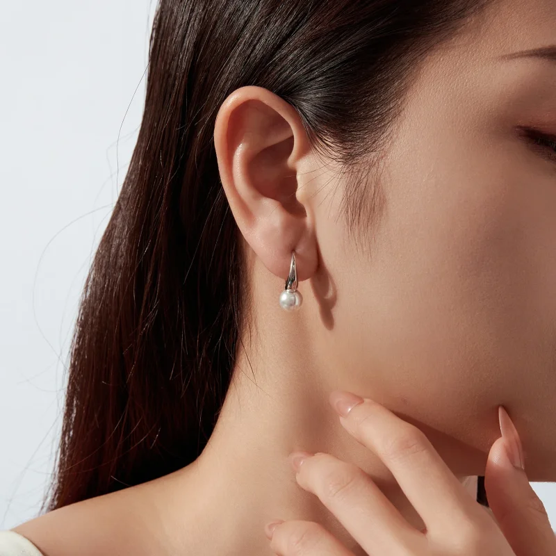 (image for) PANDORA Style White Pearl Rhodium Plated Hoop Earrings - BSE1317 - View 9