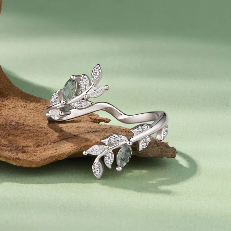 (image for) PANDORA Style Green Moss Agate Leaf Open Ring - BSR776-E - View 3
