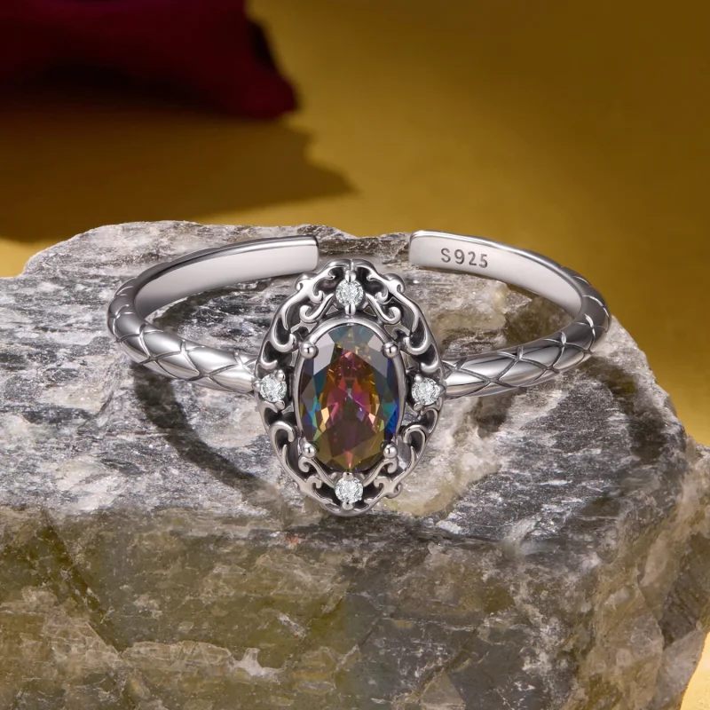 (image for) PANDORA Style Vintage Pattern Oval Mystic Zircon Open Ring - SCR1217-E - View 3