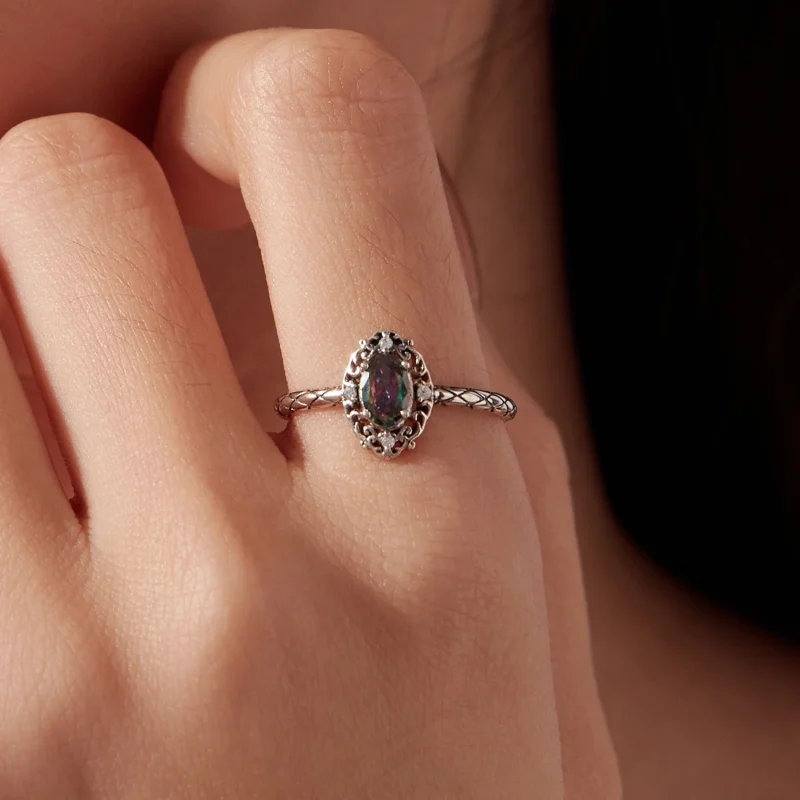 (image for) PANDORA Style Vintage Pattern Oval Mystic Zircon Open Ring - SCR1217-E - View 6