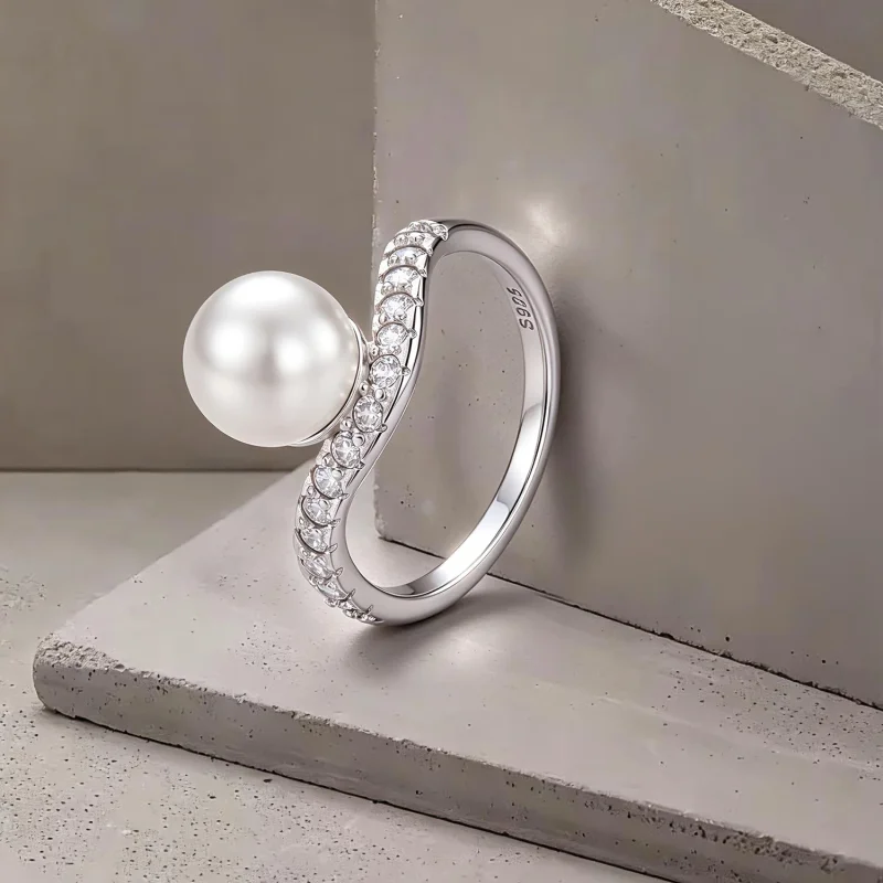 (image for) PANDORA Style Single Pearl Pavé Curved Band Stackable Ring - BSR780 - View 2