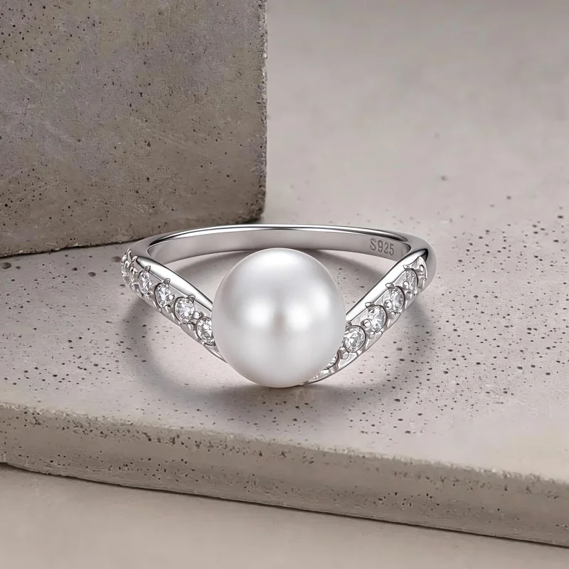 (image for) PANDORA Style Single Pearl Pavé Curved Band Stackable Ring - BSR780 - View 3