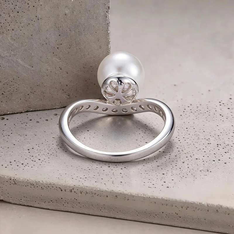 (image for) PANDORA Style Single Pearl Pavé Curved Band Stackable Ring - BSR780 - View 4