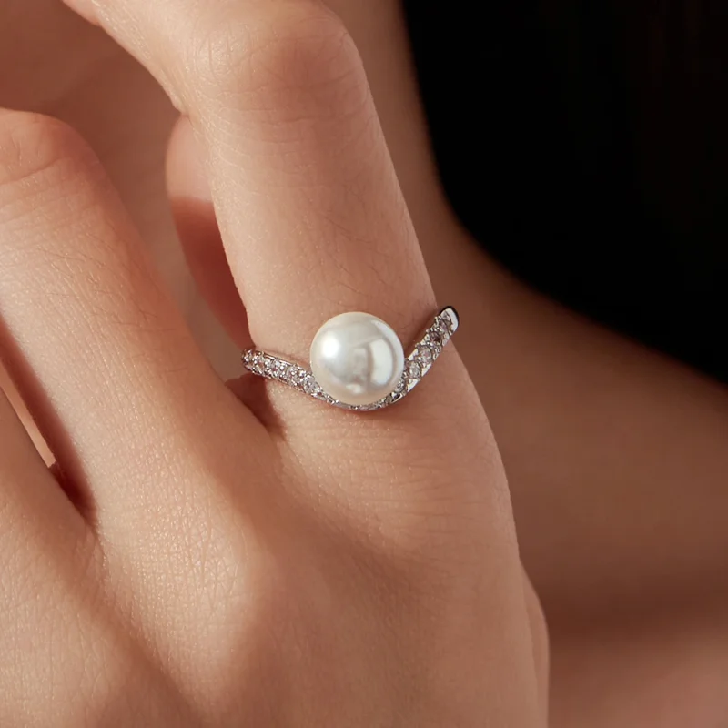 (image for) PANDORA Style Single Pearl Pavé Curved Band Stackable Ring - BSR780 - View 5