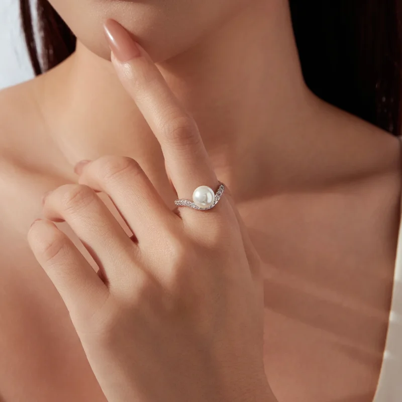 (image for) PANDORA Style Single Pearl Pavé Curved Band Stackable Ring - BSR780 - View 6