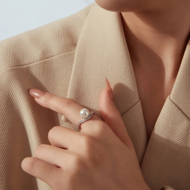 (image for) PANDORA Style Single Pearl Pavé Curved Band Stackable Ring - BSR780 - View 7