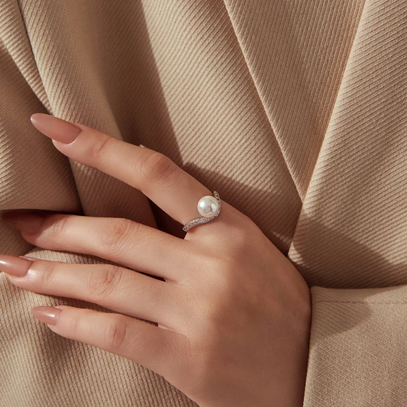 (image for) PANDORA Style Single Pearl Pavé Curved Band Stackable Ring - BSR780 - View 8