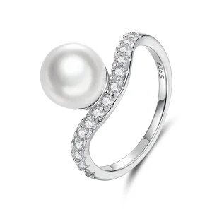 (image for) PANDORA Style Single Pearl Pavé Curved Band Stackable Ring - BSR780
