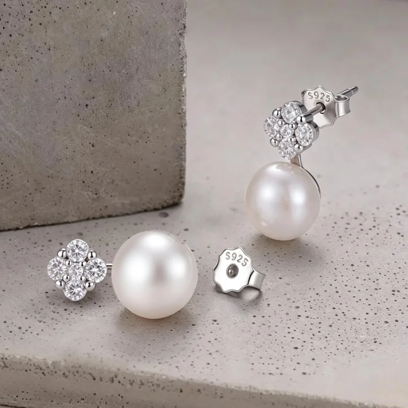 (image for) PANDORA Style Four Leaf Clover Freshwater Pearl Stud Earrings - BSE1316 - View 3