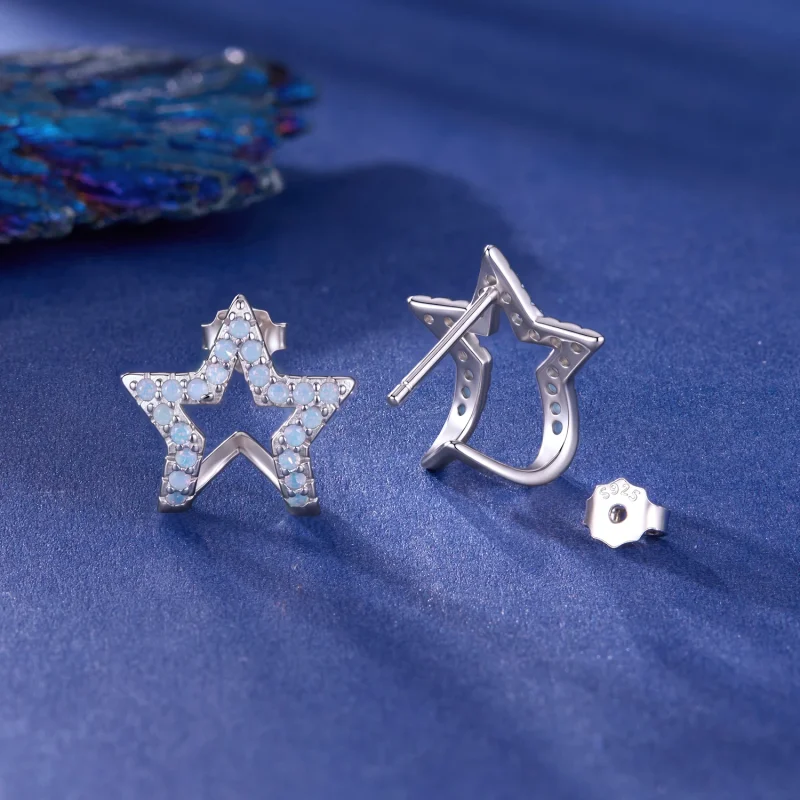(image for) PANDORA Style Hollow Star Light Blue Opal Stud Earrings - SCE2059 - View 2