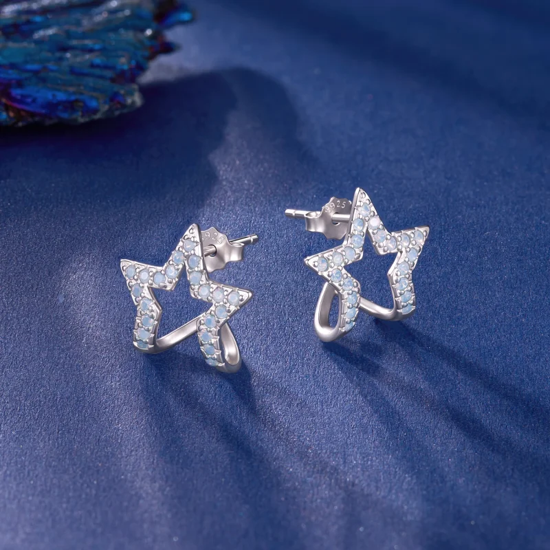 (image for) PANDORA Style Hollow Star Light Blue Opal Stud Earrings - SCE2059 - View 3