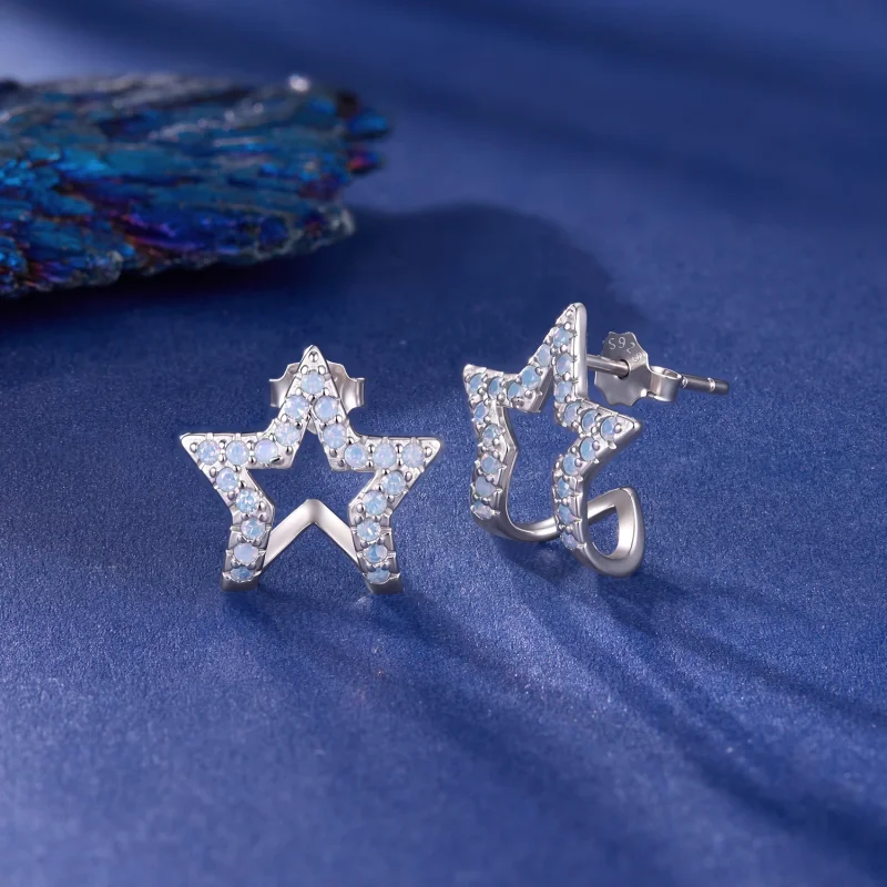 (image for) PANDORA Style Hollow Star Light Blue Opal Stud Earrings - SCE2059 - View 4