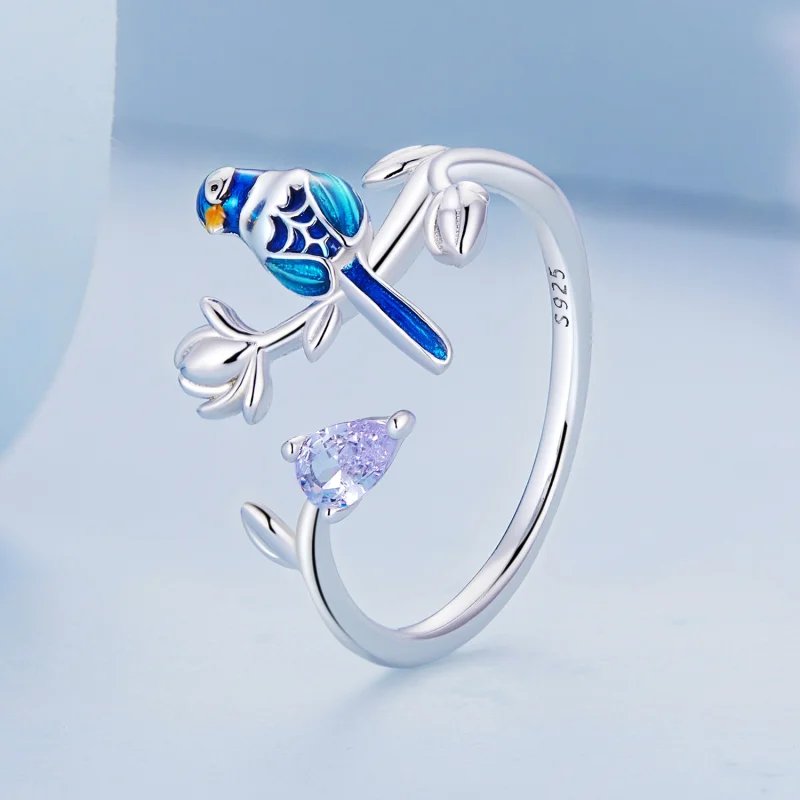 (image for) Pandora Style Bird and Flower Open Ring - BSR288 - View 2