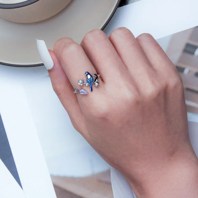 (image for) Pandora Style Bird and Flower Open Ring - BSR288 - View 6