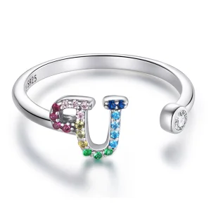 Pandora Style Colorful Letter-U Open Ring - SCR723-U (image for) Pandora Style Colorful Letter-U Open Ring - SCR723-U