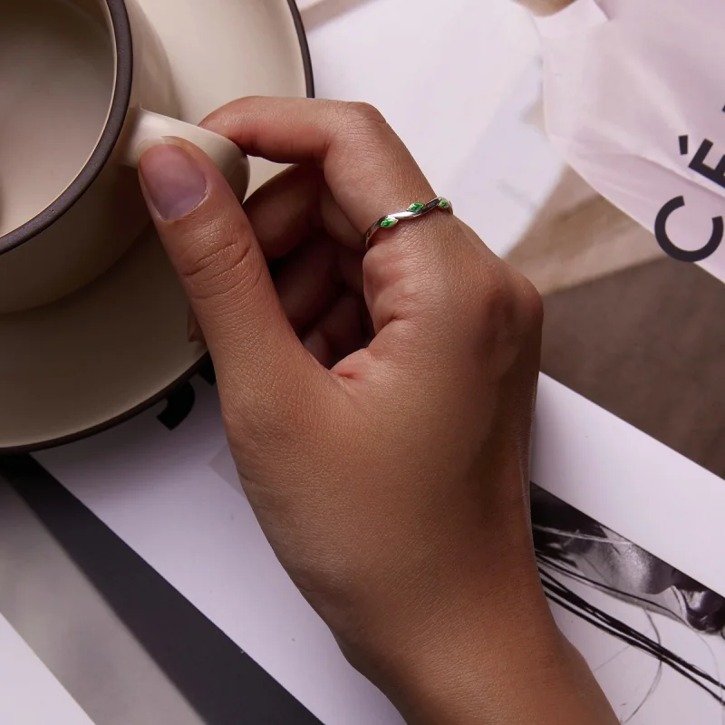 (image for) Pandora Style Green Leaves Open Ring - SCR808 - View 6