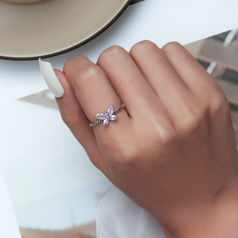 (image for) Pandora Style Pink Butterfly Twist Open Ring - SCR872 - View 5