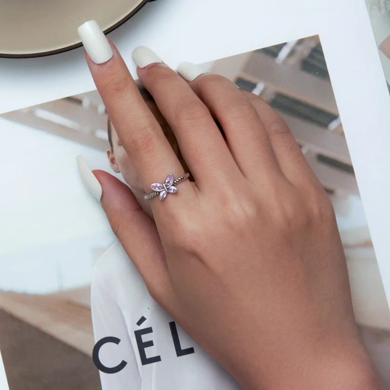 (image for) Pandora Style Pink Butterfly Twist Open Ring - SCR872 - View 6