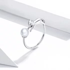 Pandora Style Silver Cat Plays Ball Open Ring - SCR683 Pandora Style Silver Cat Plays Ball Open Ring - SCR683