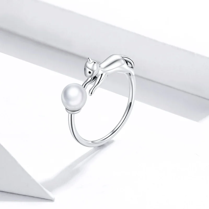 (image for) Pandora Style Silver Cat Plays Ball Open Ring - SCR683 - View 2
